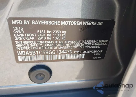 2016 BMW 535I from USA, damaged, VIN WBA5B1C59GG134470